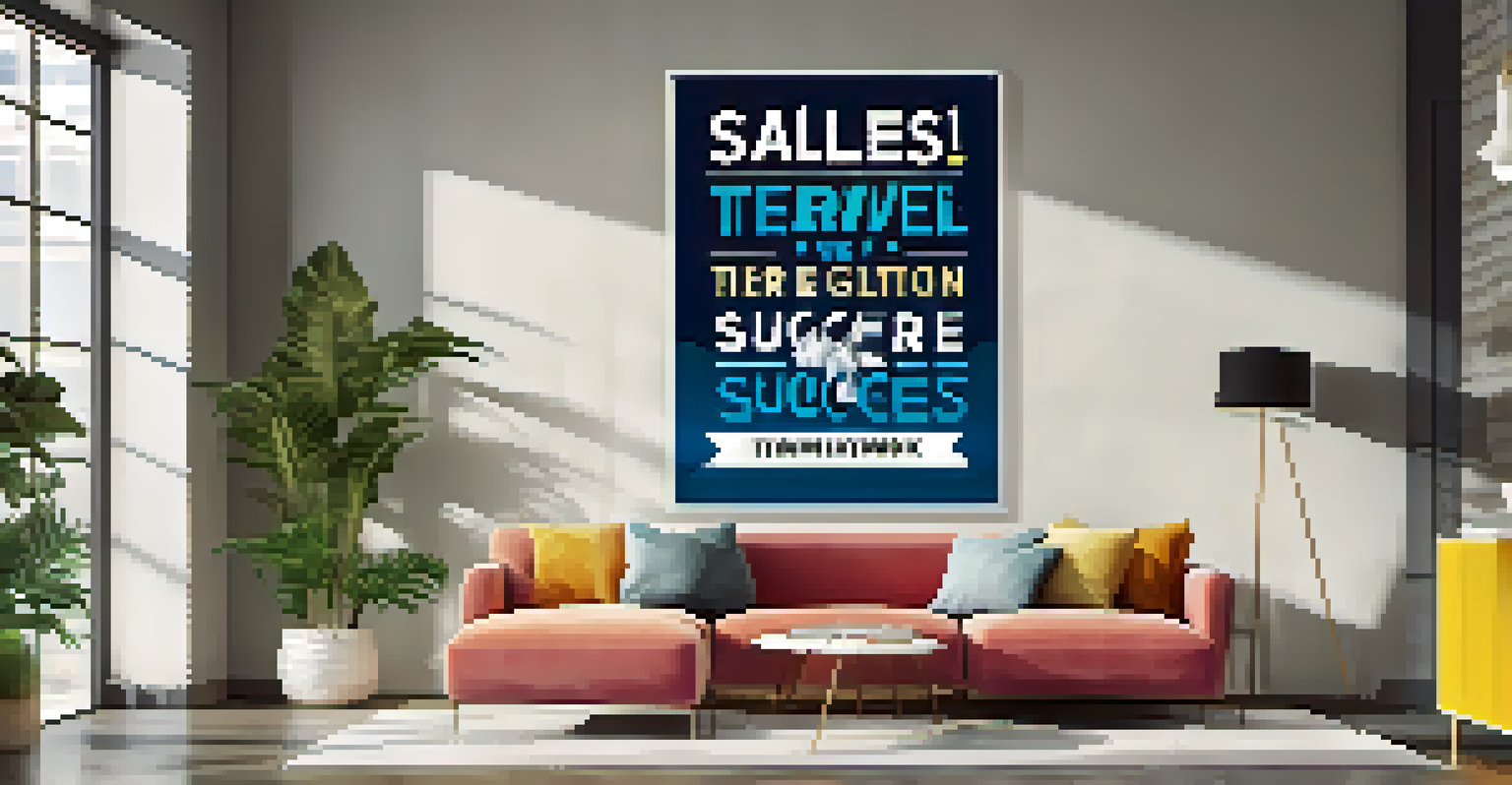 A motivational poster about teamwork and success in a bright sales office.