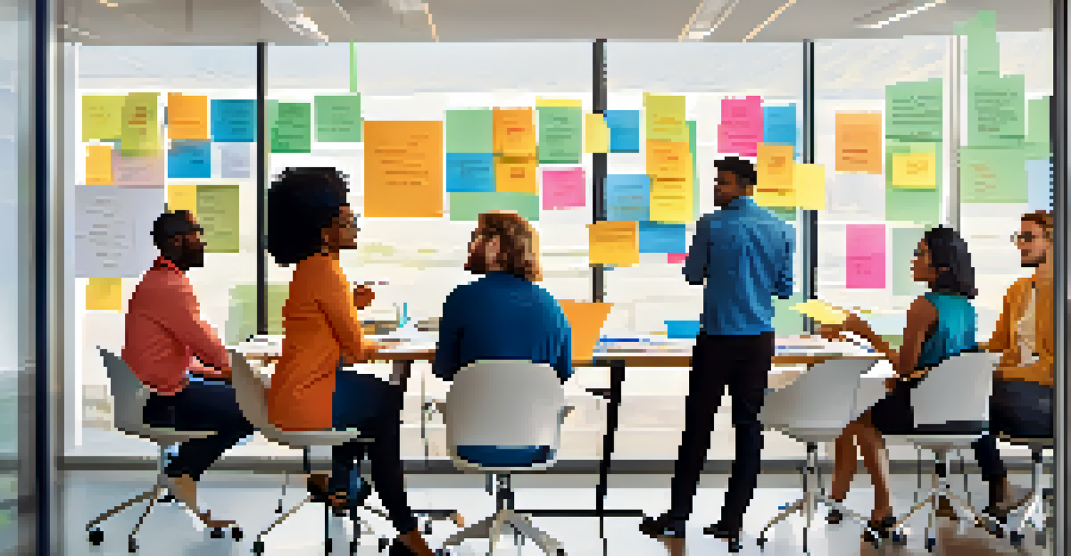 A diverse group of employees collaborating in a bright conference room with a whiteboard full of colorful notes.
