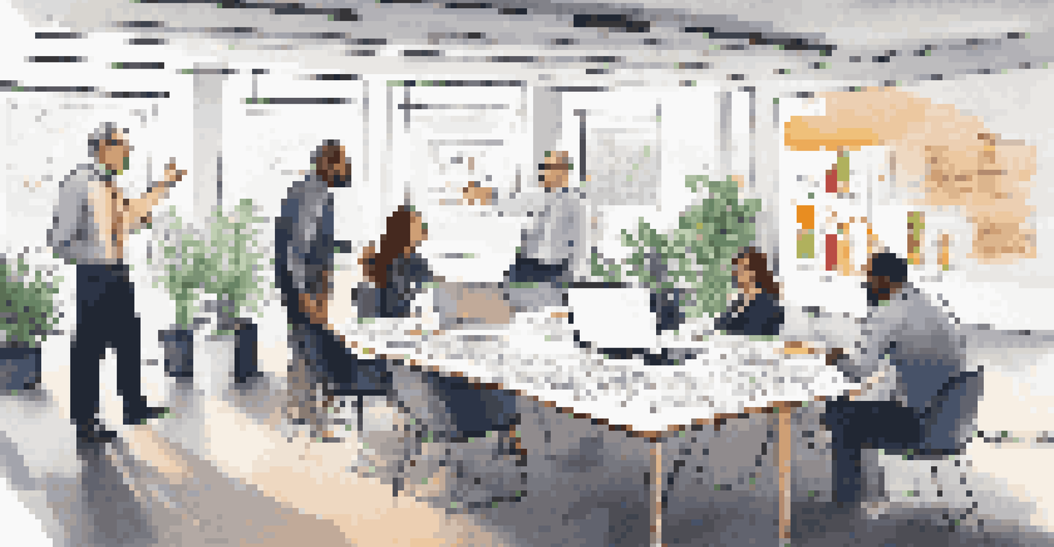 A group of professionals collaborating on a business continuity management strategy, surrounded by documents and charts in a well-lit office.