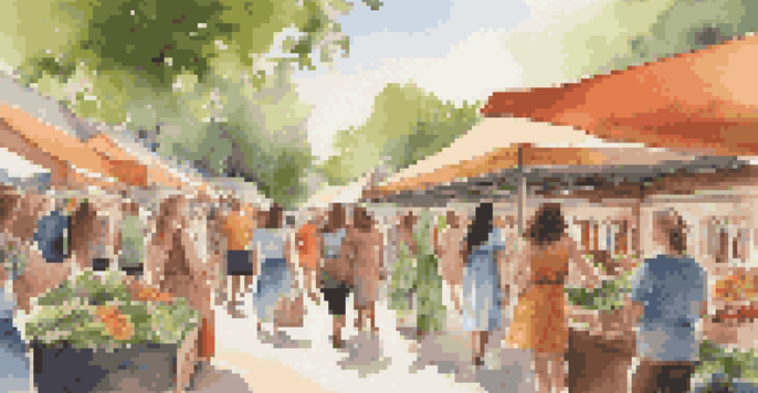 An outdoor market filled with eco-friendly fashion items, colorful dresses, and diverse shoppers surrounded by greenery.