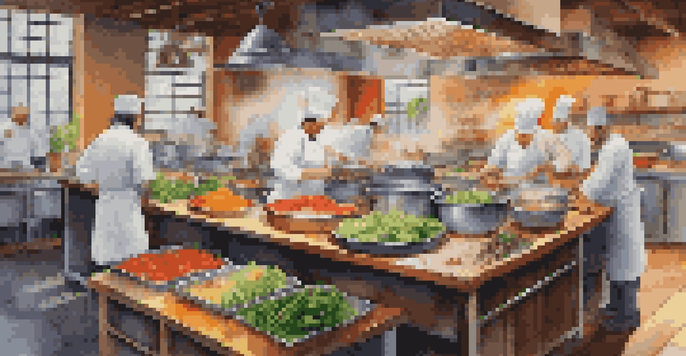 A busy restaurant kitchen filled with chefs collaborating on meal preparation, surrounded by fresh ingredients and kitchen equipment.