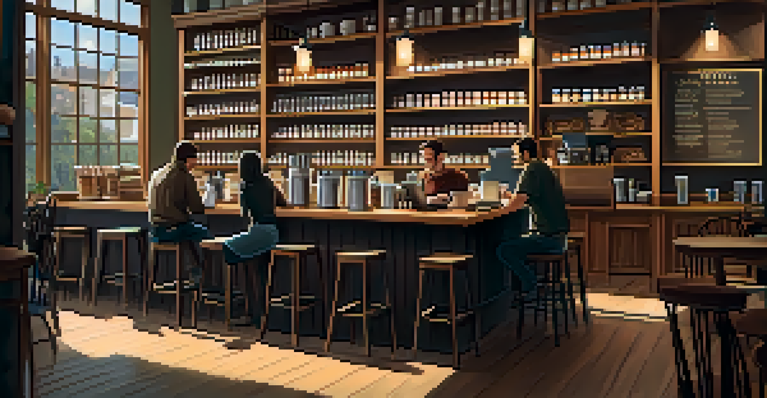 A warm and inviting coffee shop with wooden decor, customers sitting at tables enjoying their drinks and working.