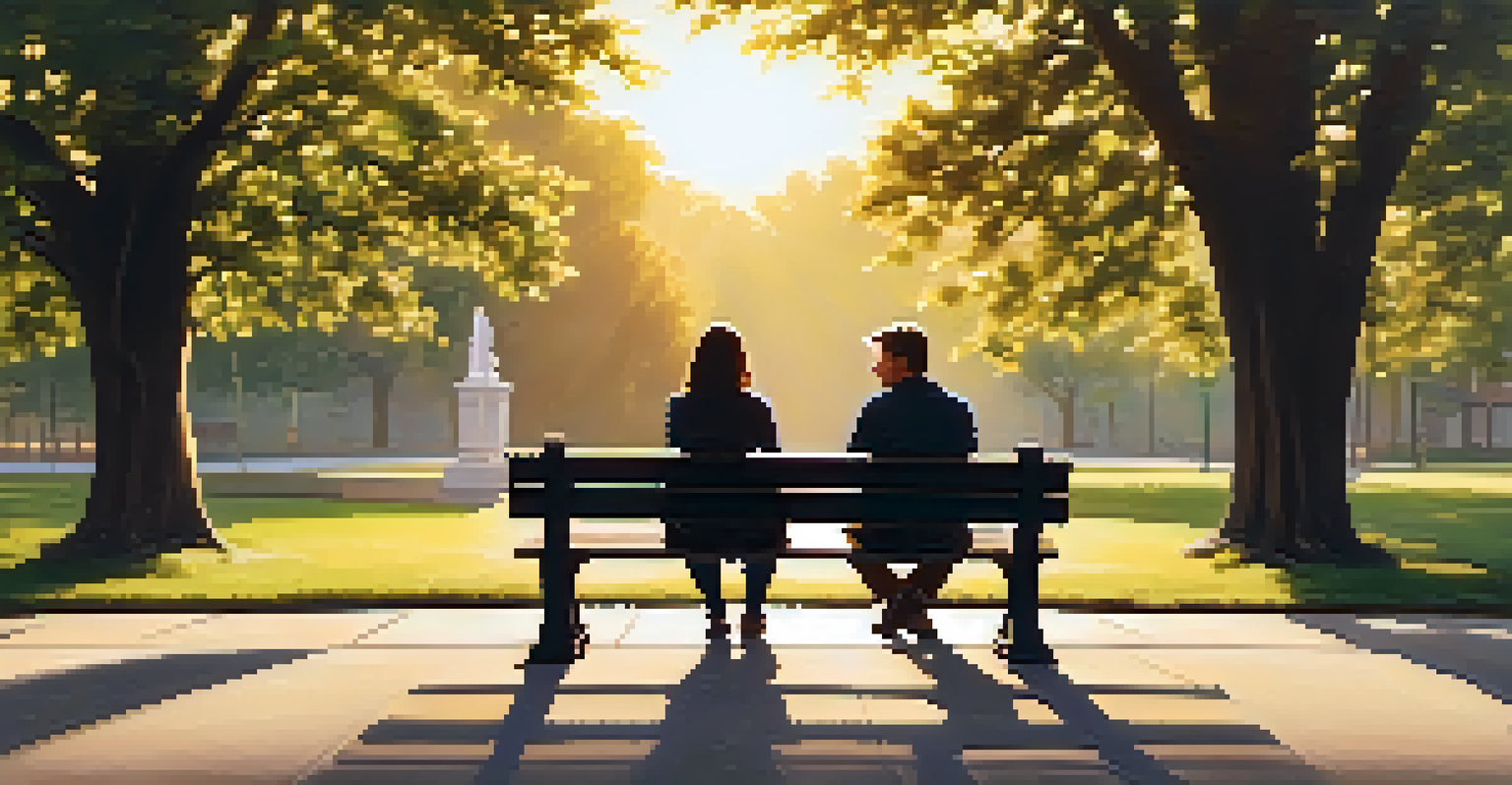 Two individuals discussing on a park bench during sunset, surrounded by trees and flowers.