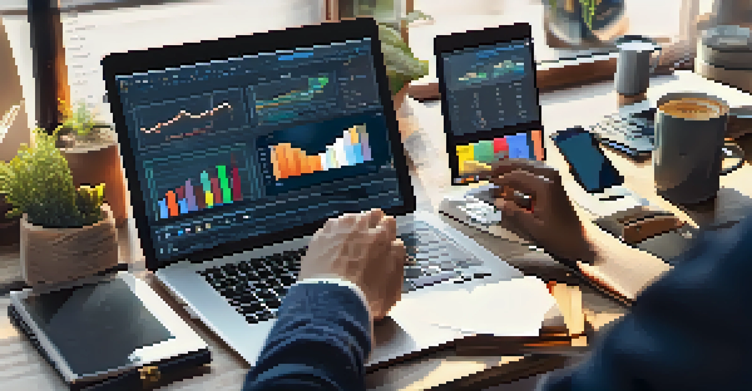 Close-up of hands typing on a laptop surrounded by tech devices and a cup of coffee, in a cozy workspace.