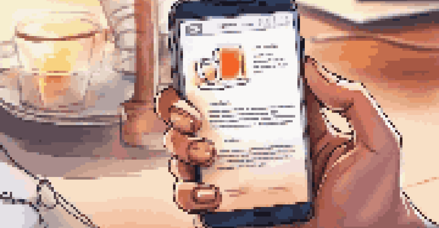 A close-up of a smartphone showing a glowing product review, with a hand holding it against a blurred background of a desk.