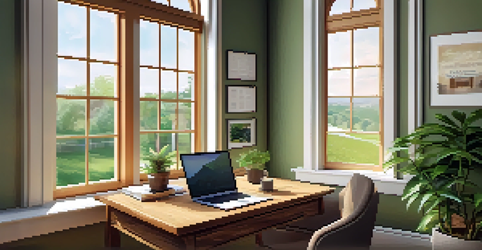 A bright office with a wooden desk, laptop, coffee cup, and potted plant, illuminated by natural light from a large window with a view of greenery.
