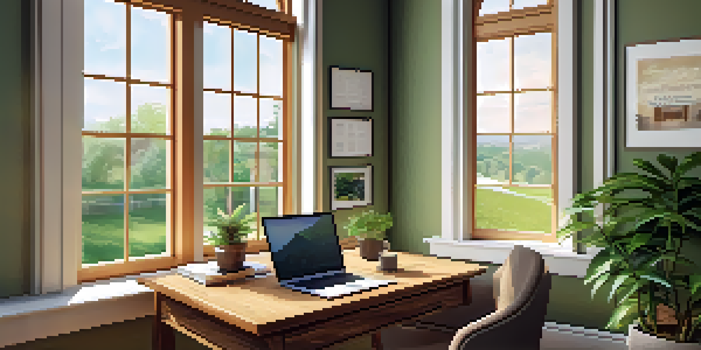 A bright office with a wooden desk, laptop, coffee cup, and potted plant, illuminated by natural light from a large window with a view of greenery.