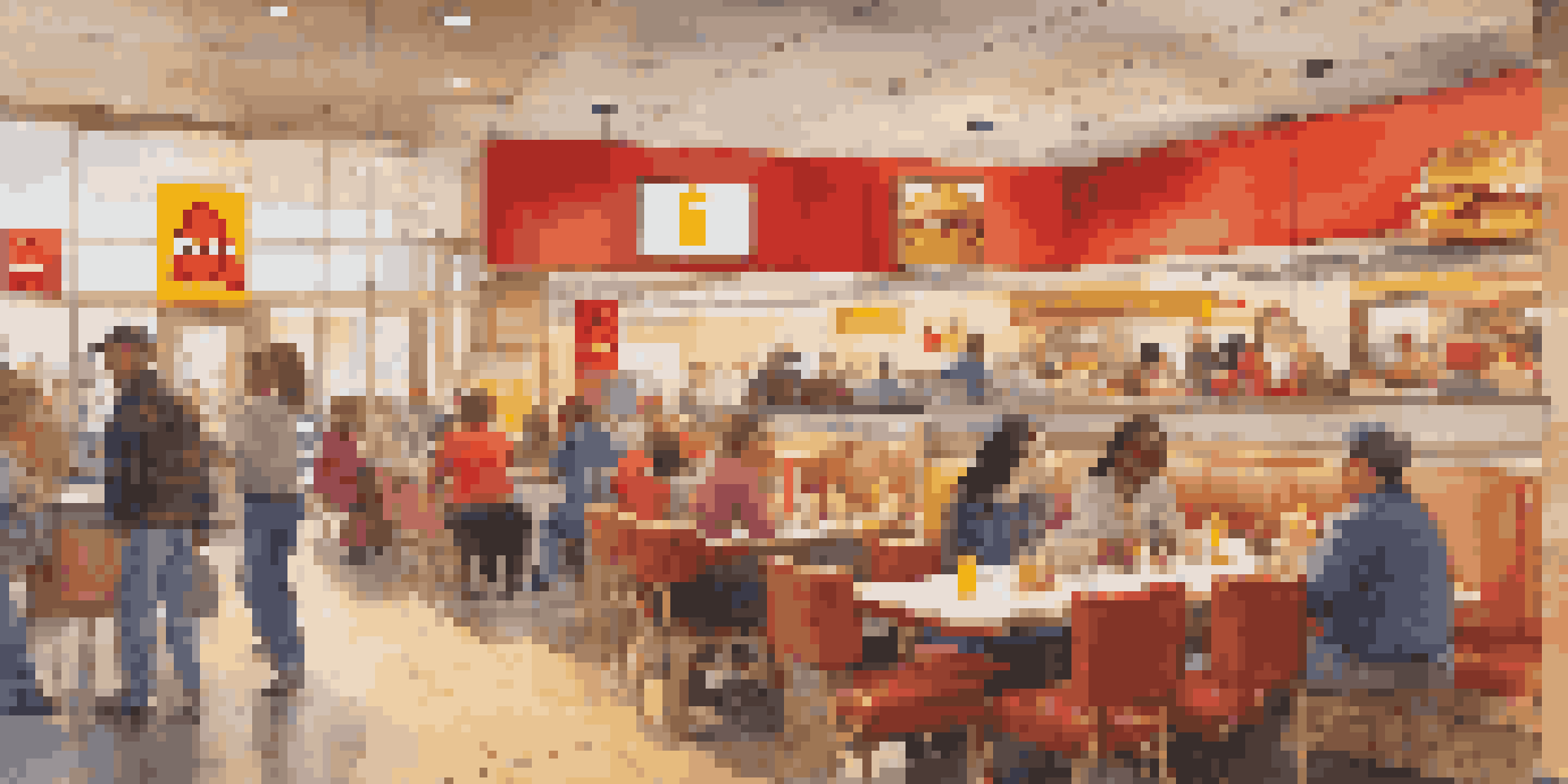 Interior view of a busy McDonald's with customers enjoying their meals and bright, inviting decor.
