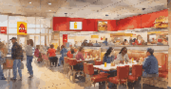 Interior view of a busy McDonald's with customers enjoying their meals and bright, inviting decor.
