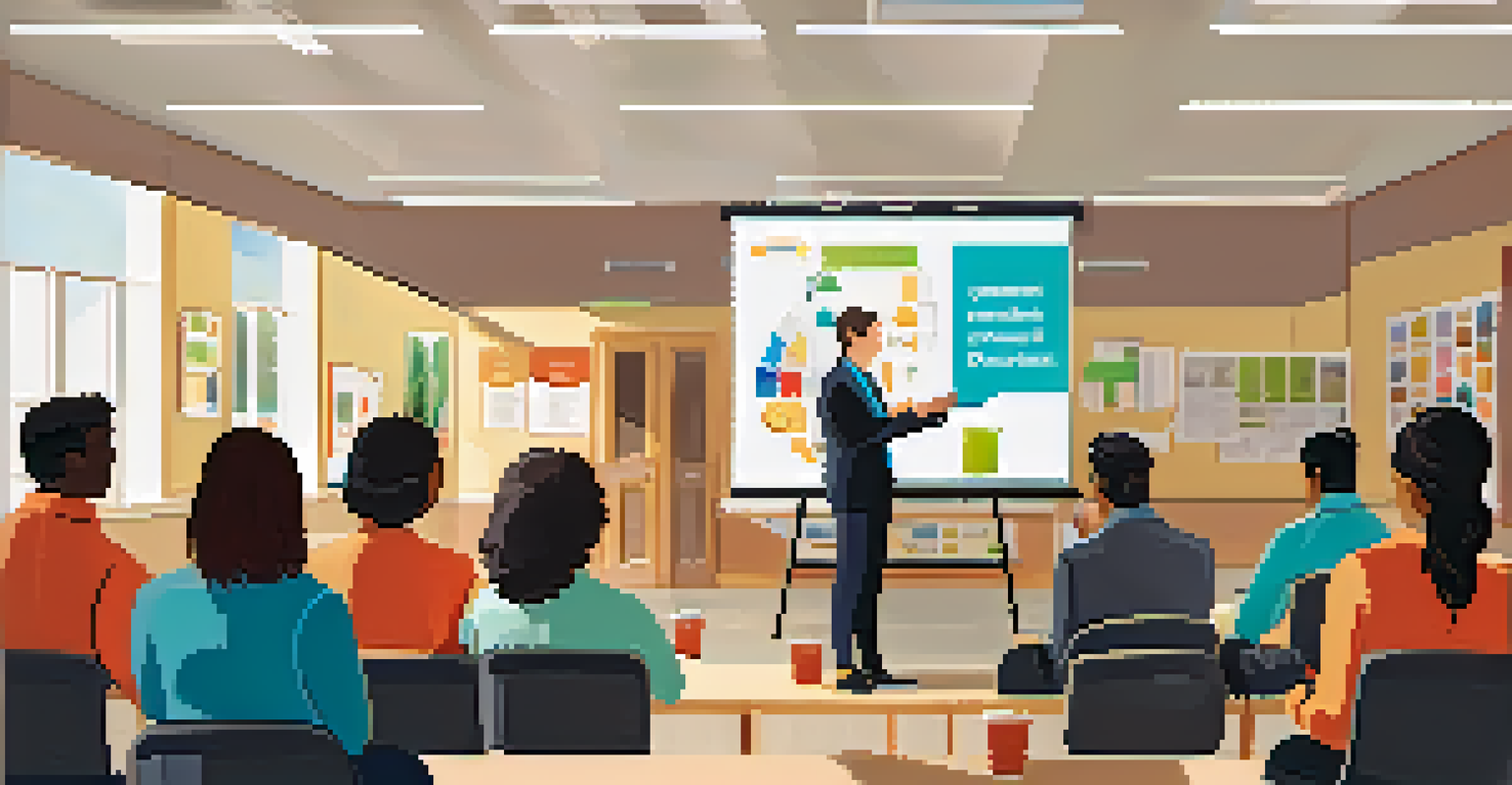 An employee leading a training session on customer service techniques in a modern classroom with motivational posters.