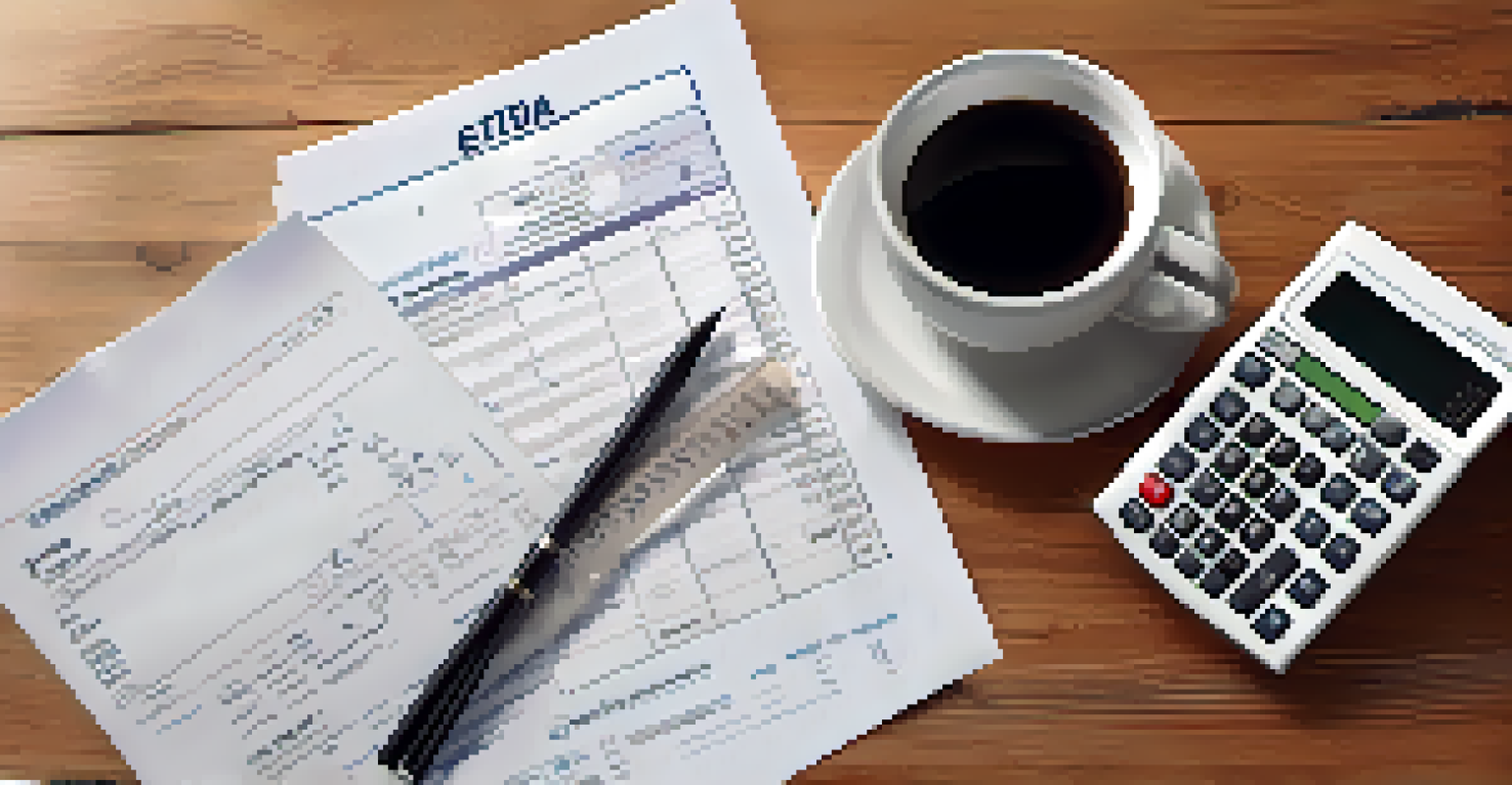 A close-up view of a calculator and financial documents on a wooden table, with coffee and glasses nearby, emphasizing a professional workspace.