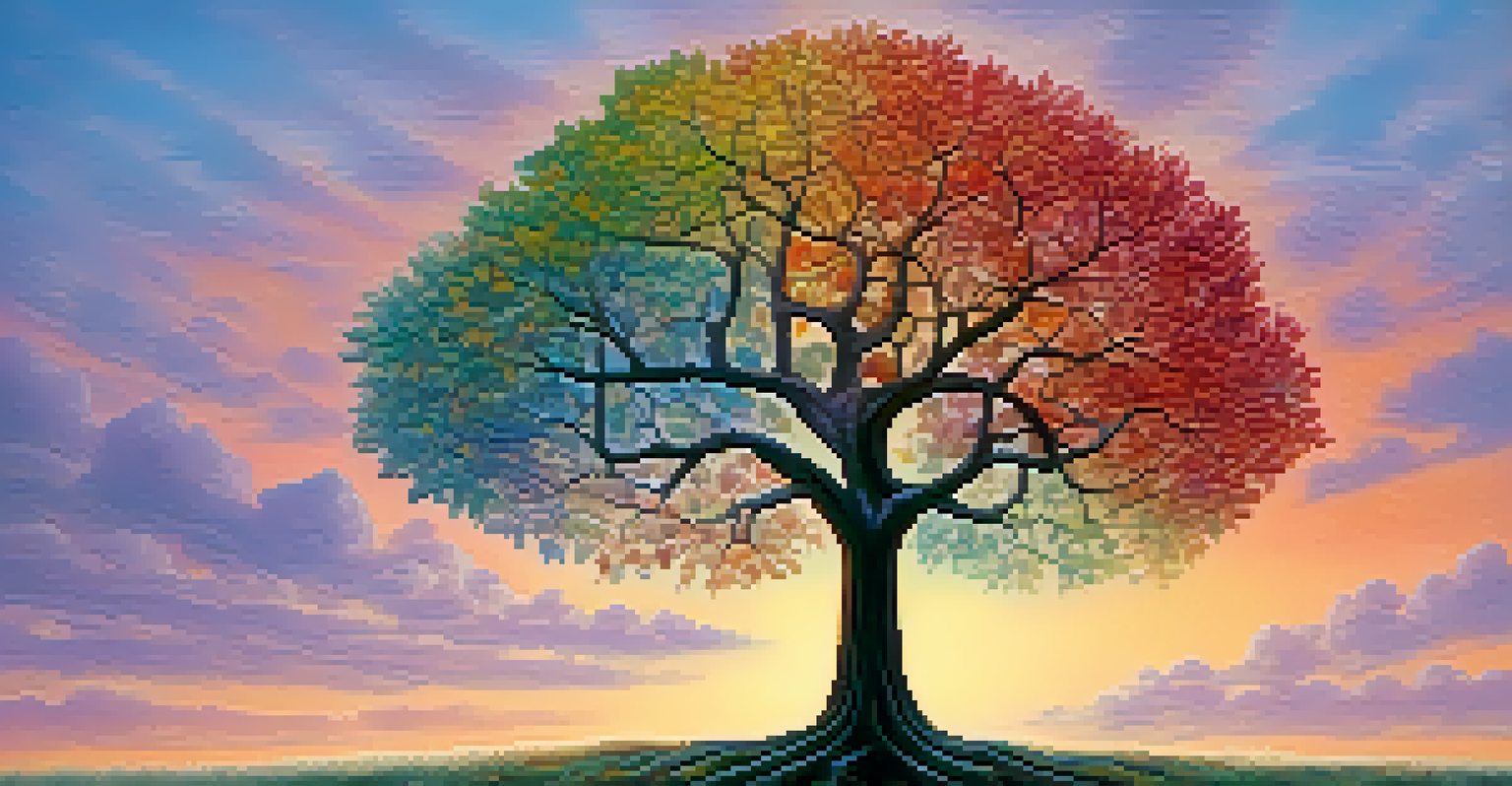An abstract representation of emotional intelligence with a colorful tree symbolizing various emotions against a serene landscape.