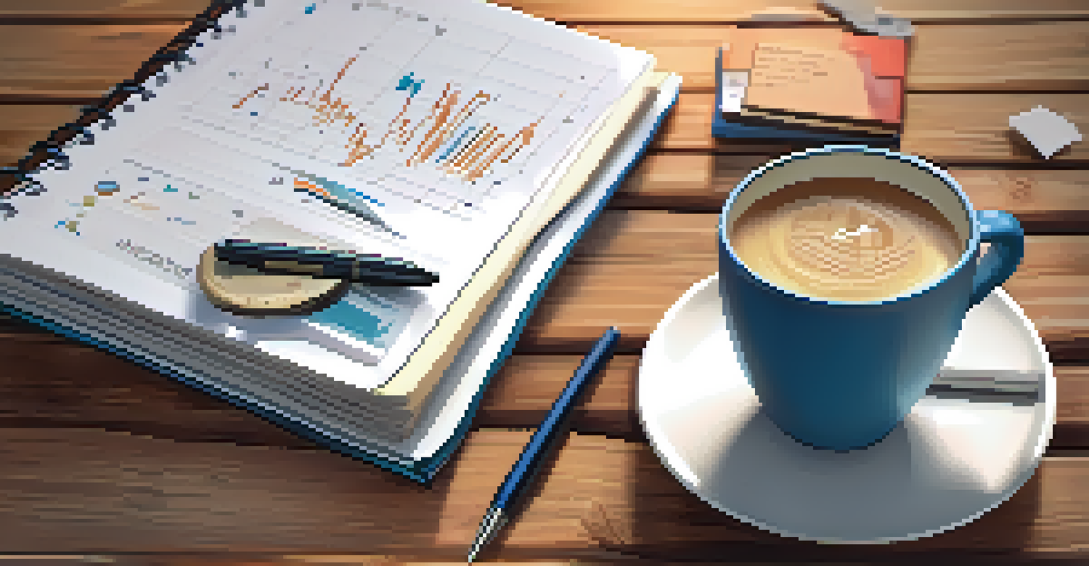 An open notebook with financial graphs on a wooden table, surrounded by a small plant and a steaming mug of coffee, representing short-term financial strategies.