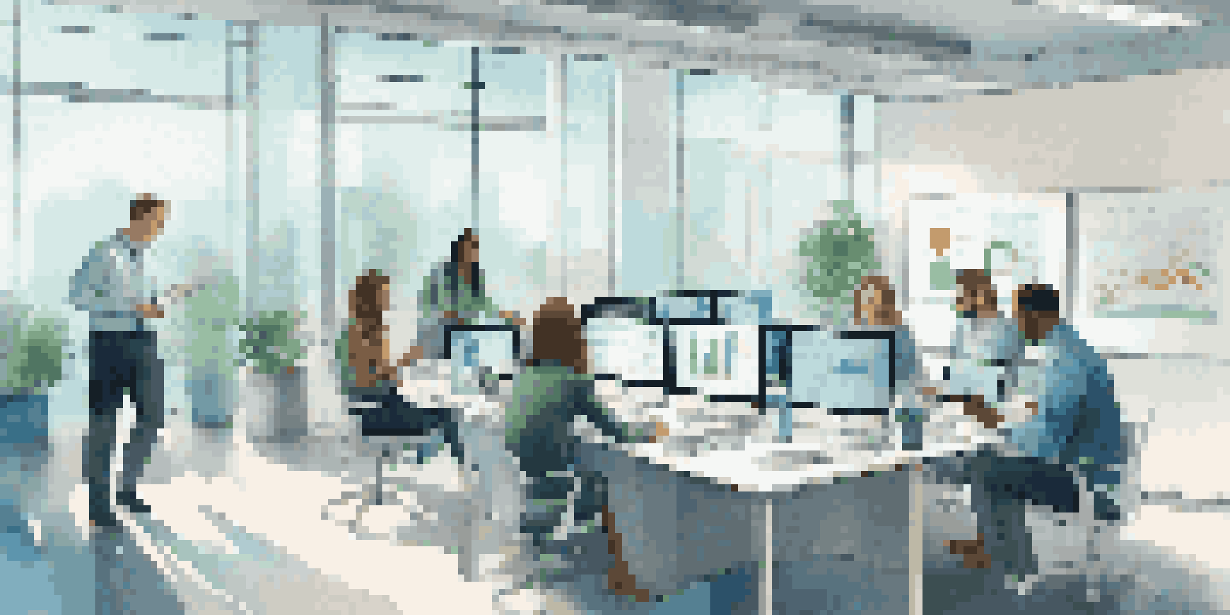 A diverse team of professionals in a bright office space discussing digital ethics, with screens showing data analytics.