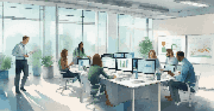 A diverse team of professionals in a bright office space discussing digital ethics, with screens showing data analytics.