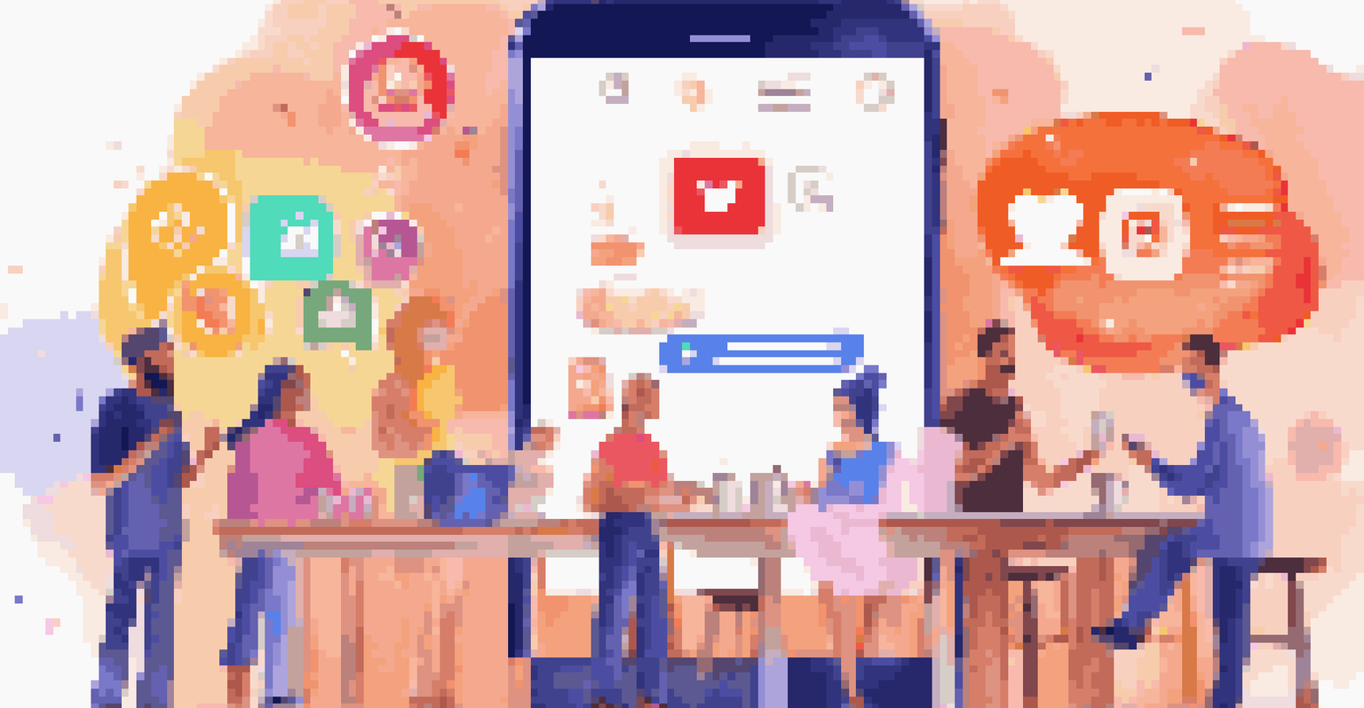 A smartphone displaying a colorful social media testimonial with a lively cafe in the background.