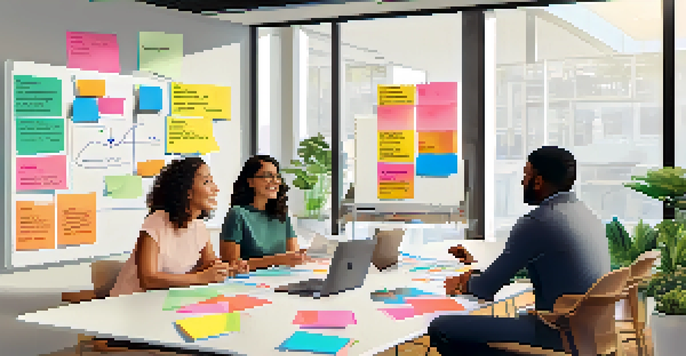 A diverse group of marketers in a bright office brainstorming around a whiteboard filled with colorful notes, showcasing teamwork and collaboration.