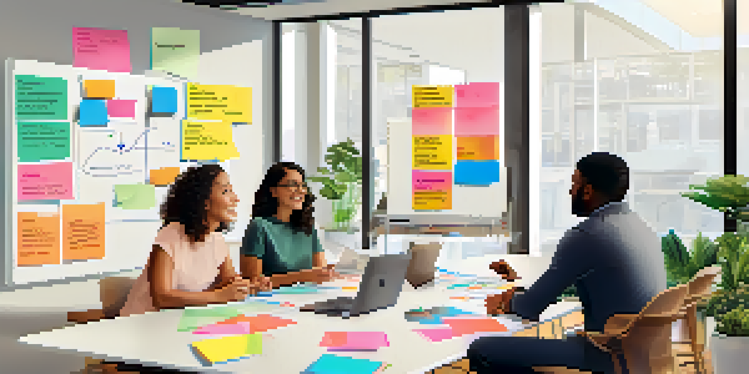 A diverse group of marketers in a bright office brainstorming around a whiteboard filled with colorful notes, showcasing teamwork and collaboration.