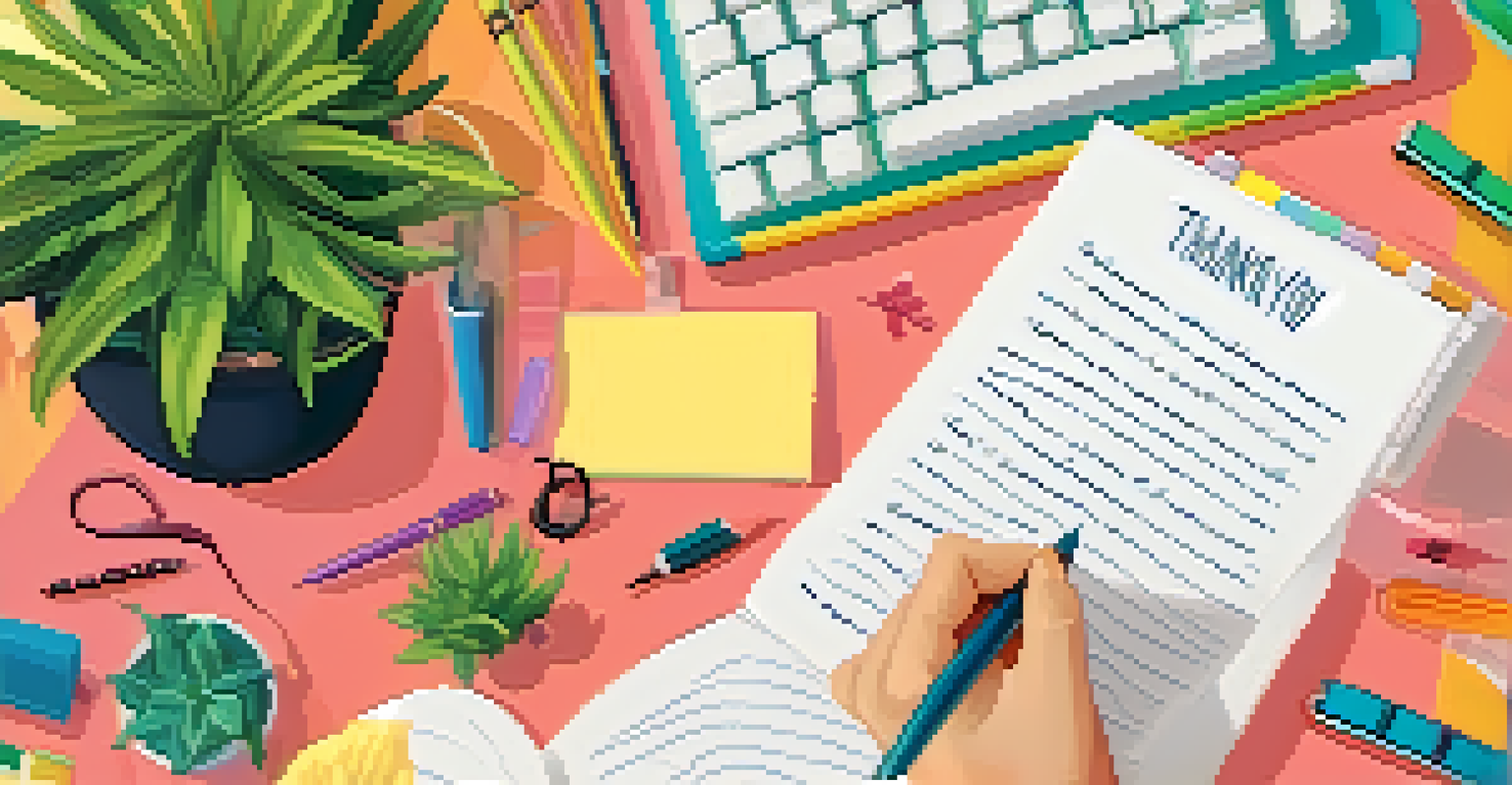 A close-up of a hand writing a thank-you note on a colorful card, emphasizing the importance of recognition in the workplace.