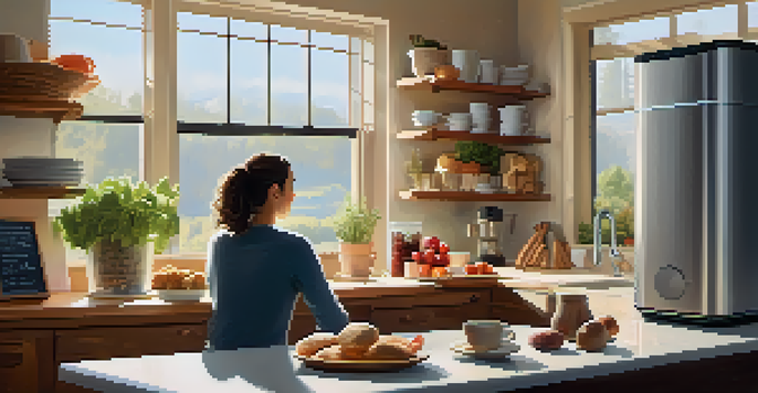 A person in a cozy kitchen using a smart speaker to add ingredients to a shopping list, with fresh produce and coffee visible.