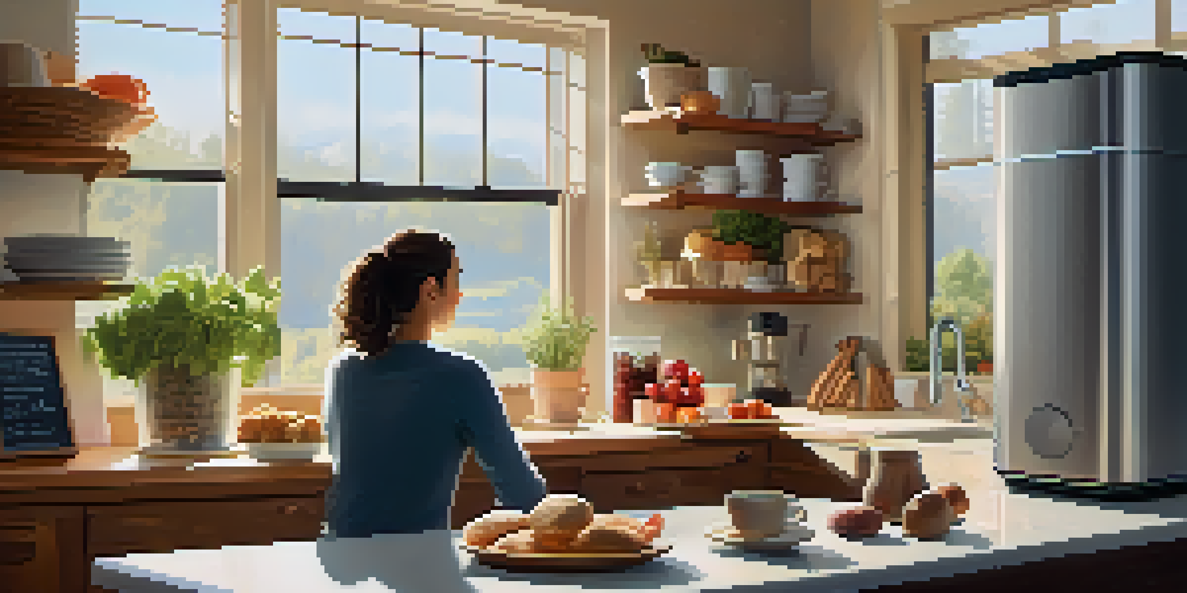 A person in a cozy kitchen using a smart speaker to add ingredients to a shopping list, with fresh produce and coffee visible.