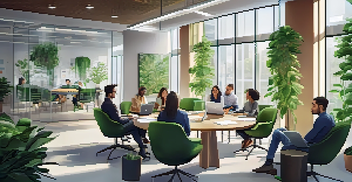 A diverse group of employees in a bright office meeting, collaborating around a circular table with laptops and notepads.