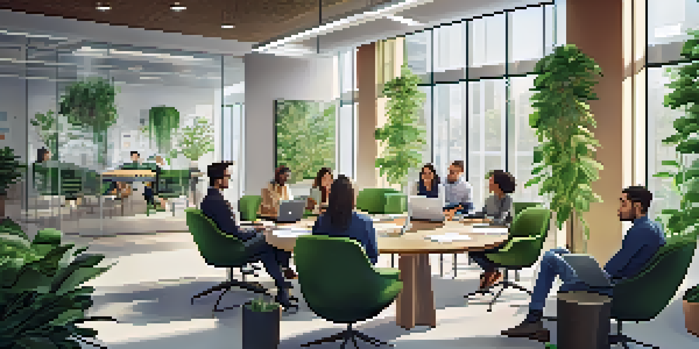 A diverse group of employees in a bright office meeting, collaborating around a circular table with laptops and notepads.