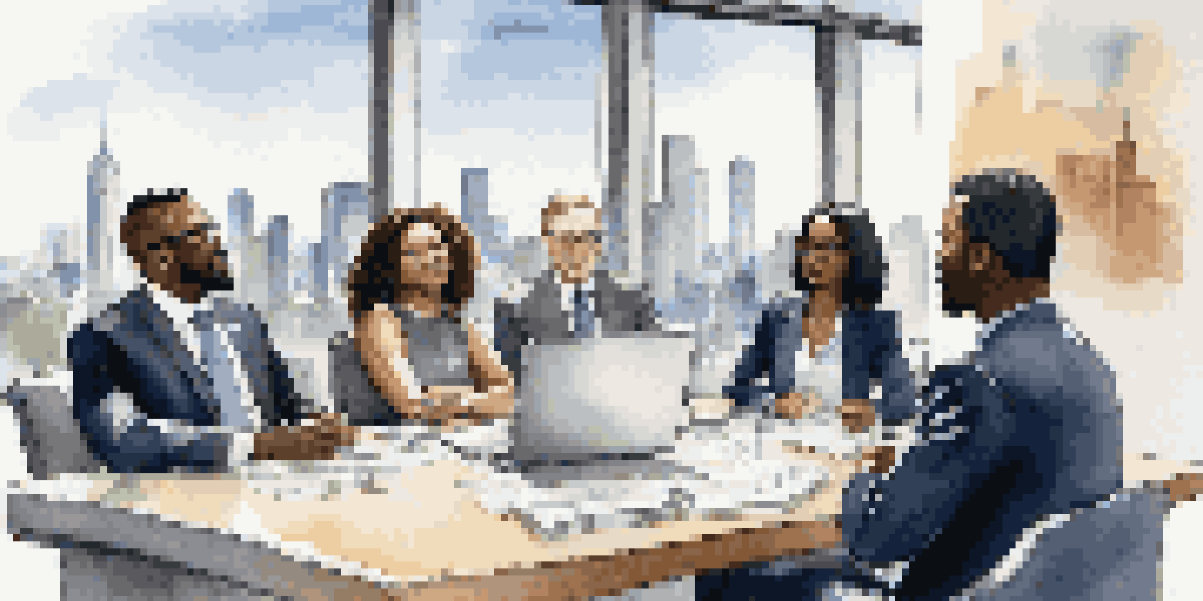 A diverse group of business professionals engaged in a discussion around a conference table with a city skyline in the background.
