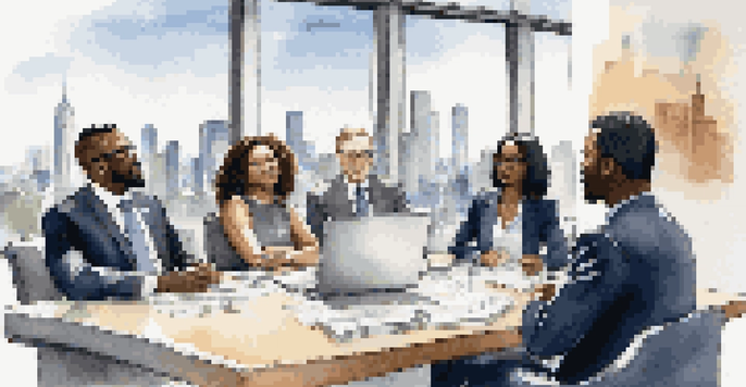 A diverse group of business professionals engaged in a discussion around a conference table with a city skyline in the background.