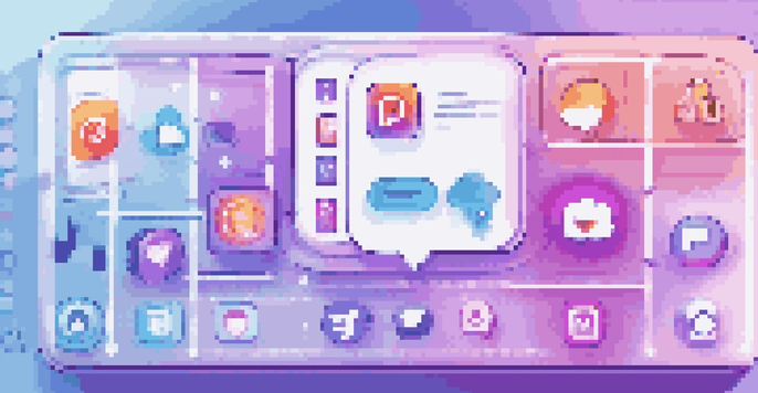 A colorful social media dashboard with icons and dotted lines representing cross-promotion.