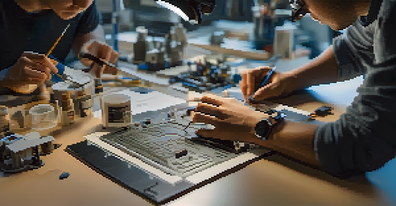Close-up of hands working on a 3D-printed prototype in a workshop with tools and a computer screen in the background.