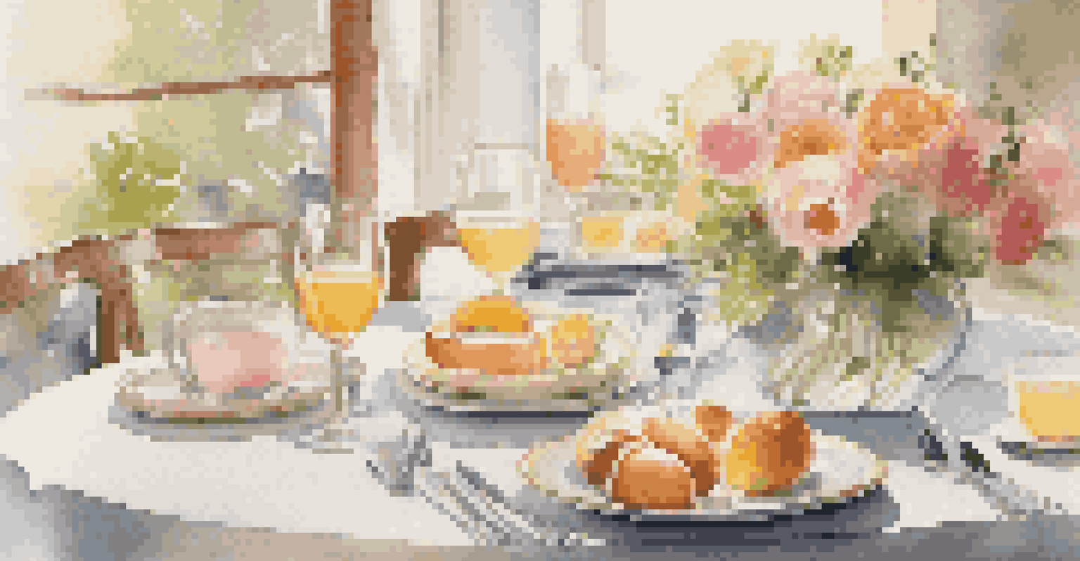 A beautifully arranged brunch table setting with pastel dishes and fresh flowers, illuminated by morning sunlight.