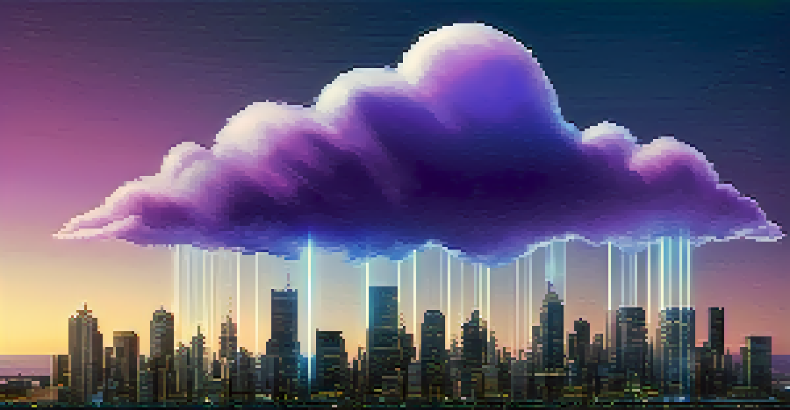 An illustration of cloud computing with digital resources floating above a city skyline, against a blue to purple gradient sky.