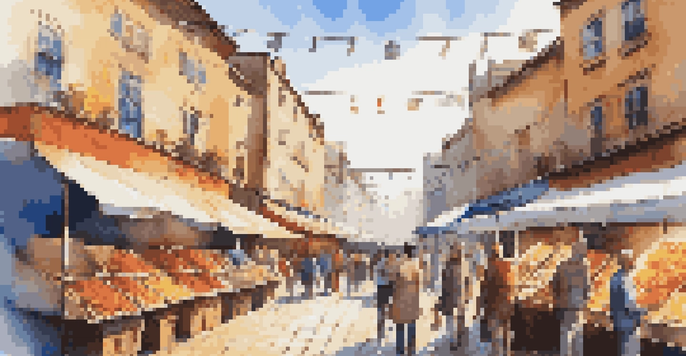 A lively urban marketplace featuring traditional vendors and digital screens, with colorful stalls and diverse consumers under a blue sky.