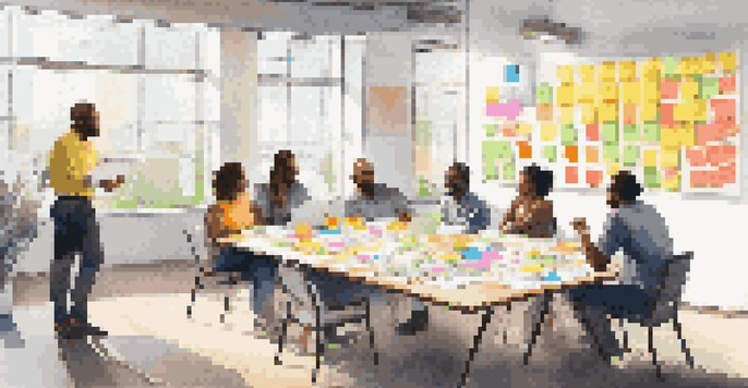 A group of diverse employees in a bright meeting room, brainstorming ideas together with sticky notes and a whiteboard.