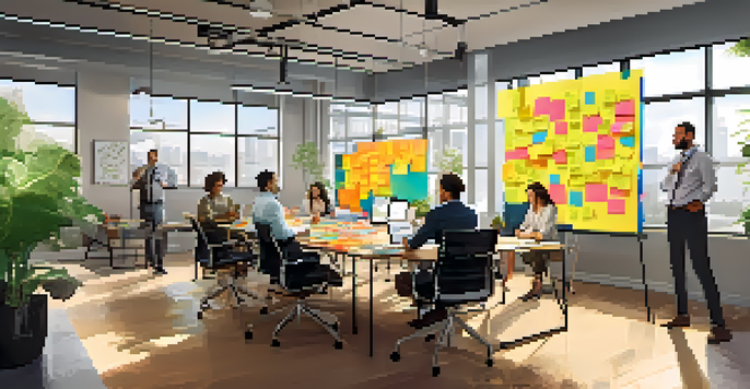 A diverse group of professionals engaged in a brainstorming session in a bright office, surrounded by colorful sticky notes and sketches.