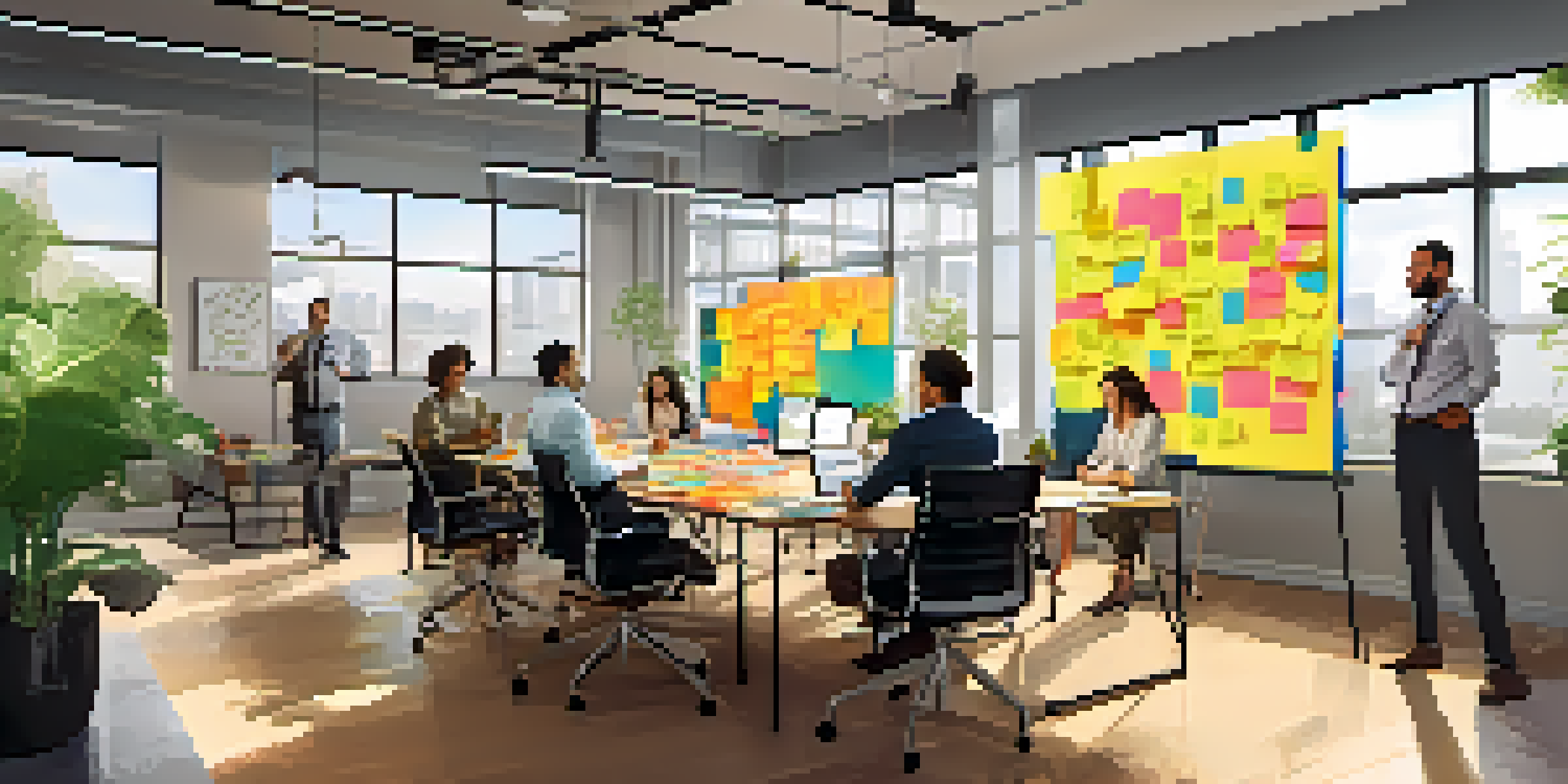 A diverse group of professionals engaged in a brainstorming session in a bright office, surrounded by colorful sticky notes and sketches.