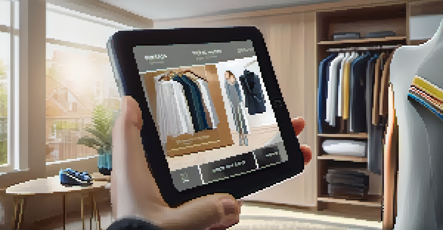 A smartphone showing a futuristic shopping app with augmented reality features for trying on clothes and a visible reward points system.