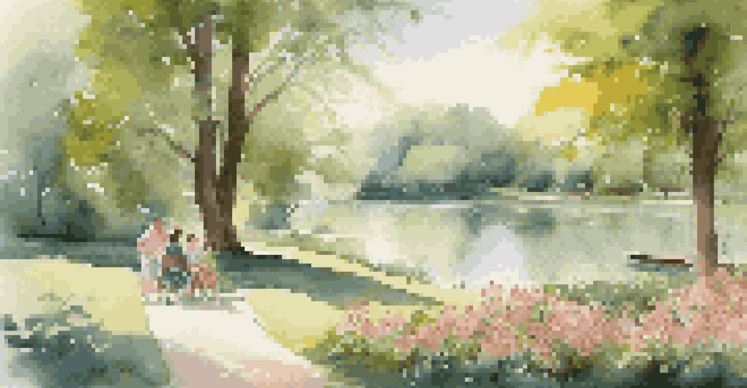 A peaceful park with a lake, families picnicking, and vibrant flowers under soft sunlight filtering through trees.