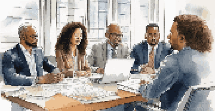A diverse group of professionals discussing around a conference table, with a laptop and documents visible in a well-lit room.