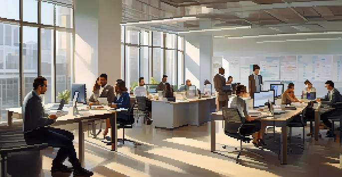 A diverse group of employees in a bright office discussing customer feedback at a large table, with laptops and tablets.