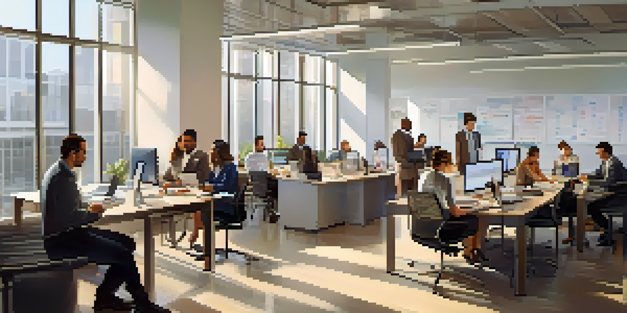 A diverse group of employees in a bright office discussing customer feedback at a large table, with laptops and tablets.