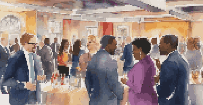 A diverse group of professionals networking at an event, smiling and exchanging business cards in a well-lit venue.