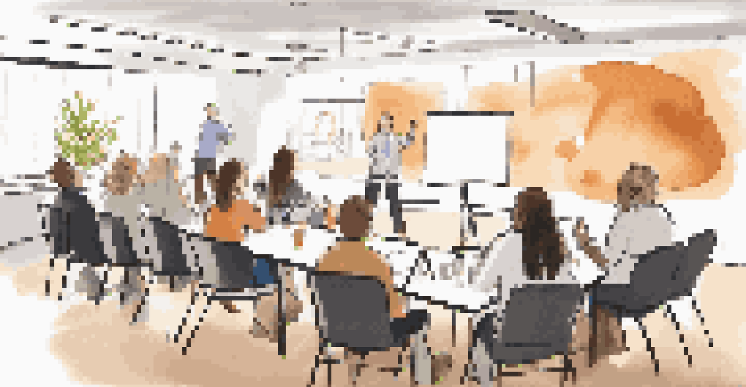 A training workshop on emotional intelligence with a facilitator and a group of engaged professionals, set in a warm and welcoming environment.