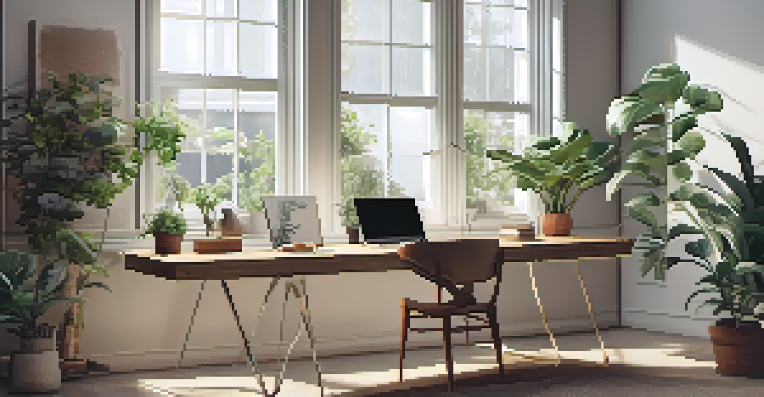 A stylish modern workspace with a laptop, coffee, and greenery under natural light.