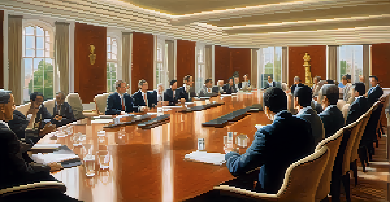 A business meeting with diverse participants in a well-lit conference room, discussing ideas.