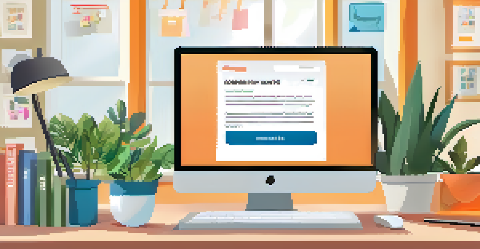 A computer screen displaying a colorful email newsletter about discounts and tips, set in a cozy home office with plants and books.