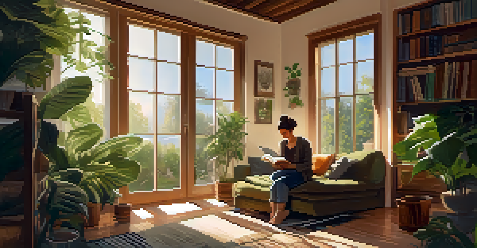 A person reading a book in a cozy corner filled with plants, illuminated by sunlight streaming through a large window.