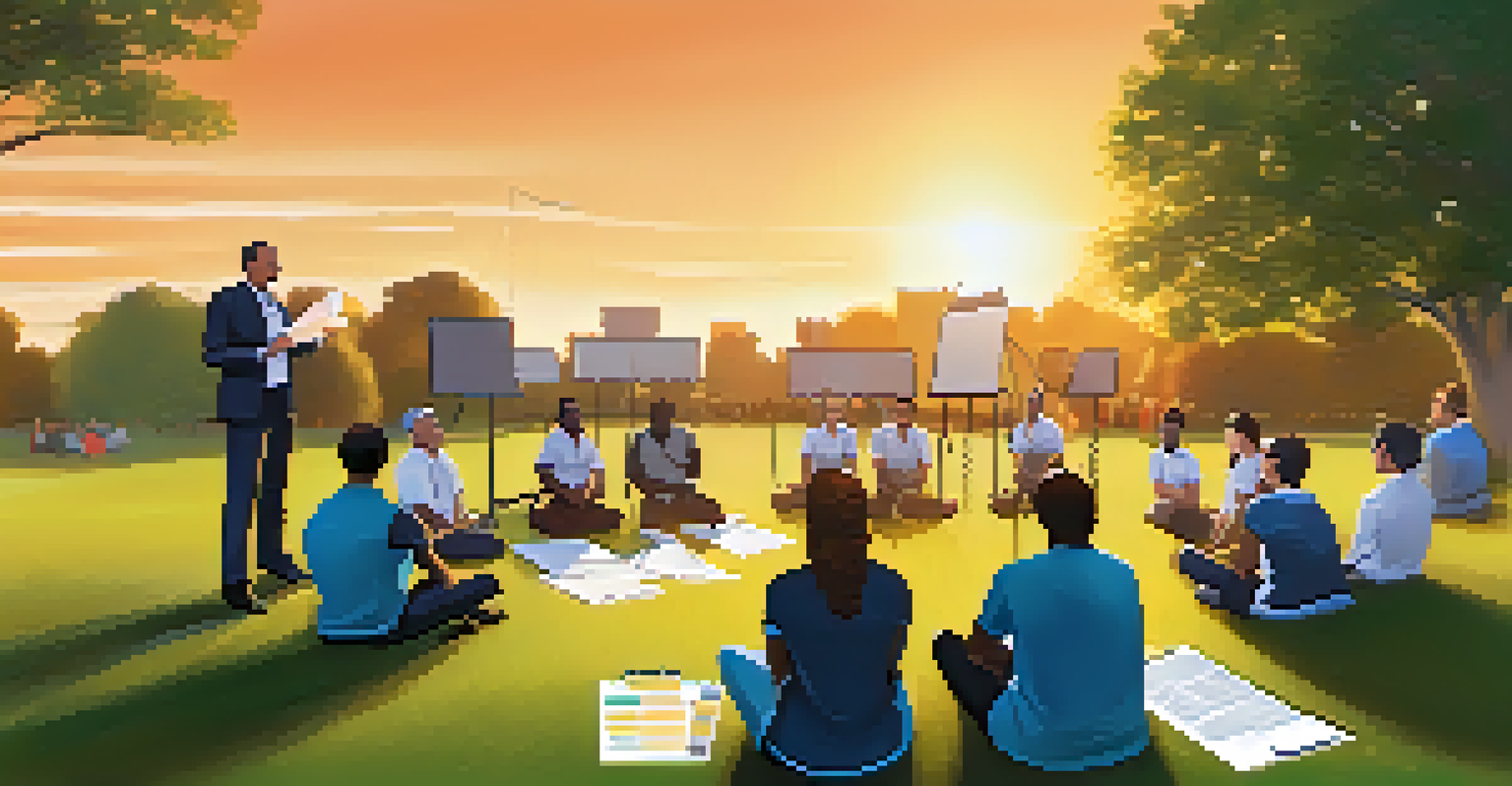 Employees engaged in an outdoor training session on business continuity planning, with a facilitator explaining strategies, surrounded by visual aids in a park during sunset.