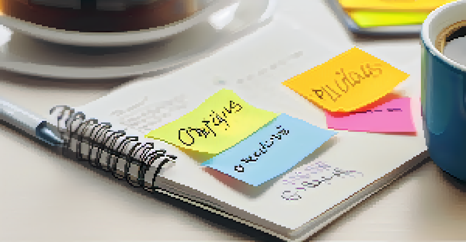 A hand writing on a notepad with colorful sticky notes and a cup of coffee in a busy workspace.